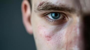 A close up of a man's face with a bruise on his eye photo