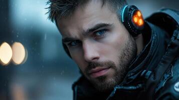 A man with headphones on in the rain photo