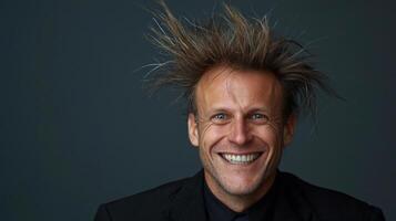 A man with his hair flying in the air photo