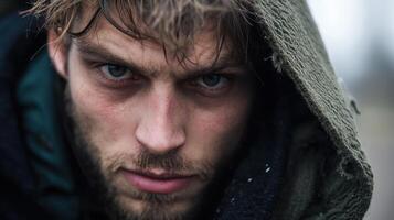 A man with a hoodie on looks into the camera photo