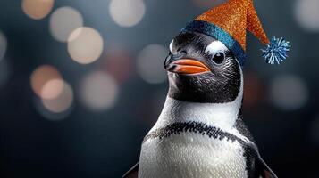 A penguin wearing a hat and a blue and orange bowtie photo
