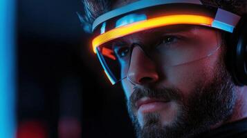 A man wearing a headset with glowing lights photo
