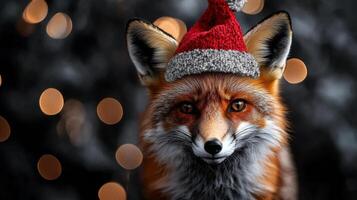 A fox is wearing a red Santa hat and smiling photo