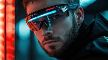 A man wearing a futuristic helmet and glasses photo