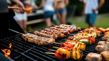 A group of people are grilling food on a barbecue photo