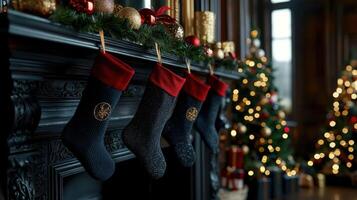 A fireplace with four black stockings hanging from it photo
