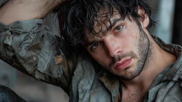 A man with a beard and shirt laying on the ground photo