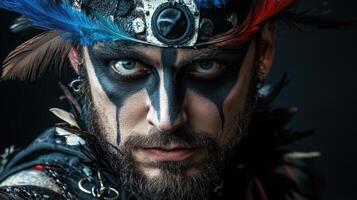 A man with a face paint and feathers on his head photo