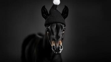 A horse wearing a black hat is staring at the camera photo