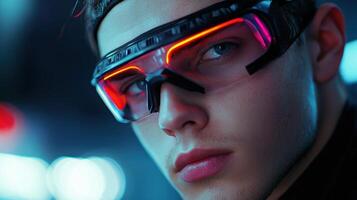 A man wearing futuristic glasses and a black hat photo