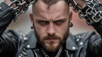 A man with a beard and chains on his head photo