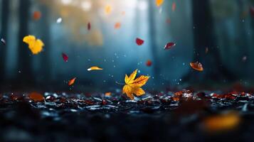 A leaf is falling from a tree and is surrounded by a pile of leaves photo