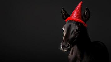 A black horse with a red hat on its head photo
