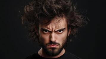 A man with a beard and hair in front of a black background photo