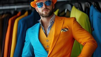A man in a colorful suit and hat photo