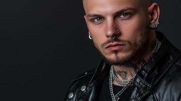 A man with tattoos and piercings in a leather jacket photo