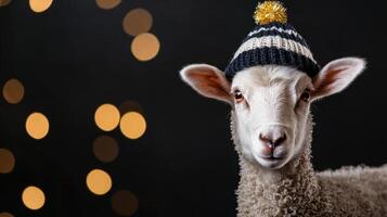 A sheep wearing a knitted hat on a black background photo