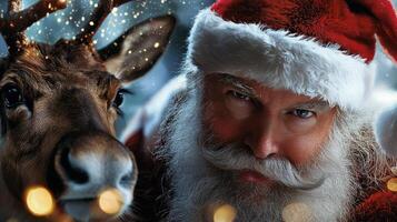 A man in a red hat and beard is standing next to a deer photo