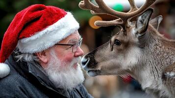 A man wearing a santa hat is kissing a reindeer photo