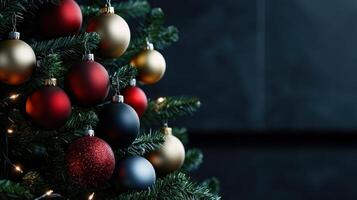 A Christmas tree with many red and gold ornaments photo