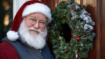 A man in a Santa hat and glasses stands in front of a wreath photo
