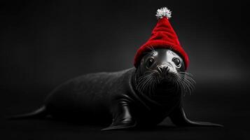 A black and white photo of a seal wearing a red hat