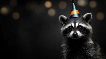 A raccoon is wearing a party hat and standing in front of a dark background photo