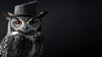 An owl wearing a hat on a black background photo