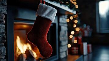 A red stocking sits in front of a fireplace photo