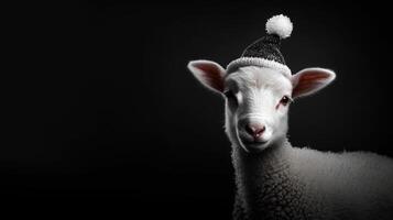 A white sheep wearing a hat and standing in front of a black background photo