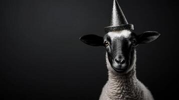 A sheep with a party hat on its head photo