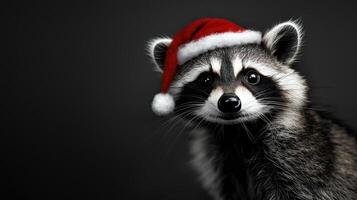 A raccoon wearing a Santa hat is smiling photo