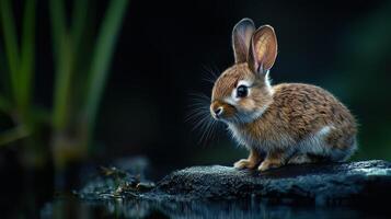 A small rabbit sitting on a rock by water photo