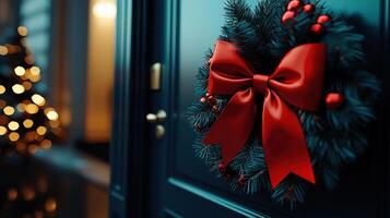 A wreath with a red bow is hanging on a door photo