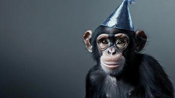 A chimpanzee wearing a party hat photo