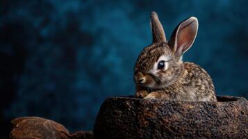A small rabbit sitting in a pot on a blue background photo