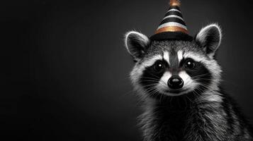 A raccoon wearing a party hat is smiling photo
