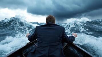 A man in a suit is in a boat in rough waters photo