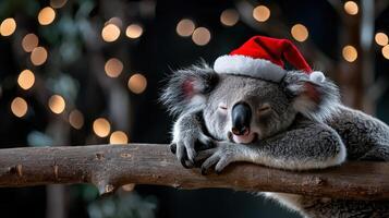 A koala wearing a Santa hat is sleeping on a tree branch photo
