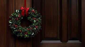 A wreath of holly is hanging on a door photo