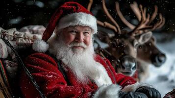 A man dressed as Santa Claus is sitting in a sleigh with reindeer photo