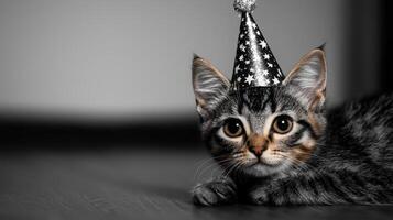 A cat wearing a party hat is laying on a wooden floor photo