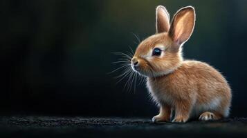 A small brown rabbit is sitting on a dark surface photo