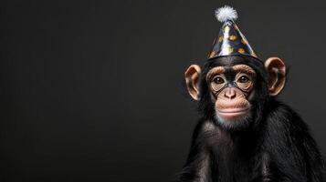 A chimpanzee wearing a party hat photo