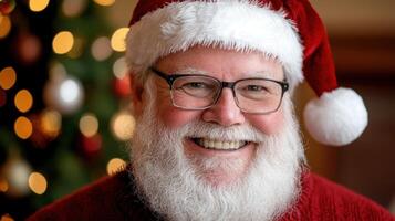 A smiling santa claus wearing glasses and a red sweater photo