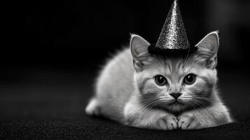 A cat wearing a party hat is laying on a black surface photo