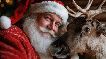 A santa claus is hugging a reindeer photo