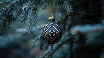 A black and gold ornament hanging from a tree photo
