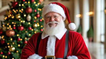 A smiling Santa Claus holding a bag in front of a Christmas tree photo
