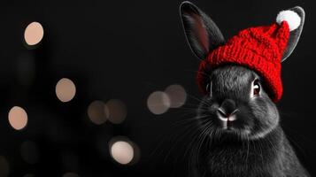 A black rabbit wearing a red hat is the main focus of the image photo